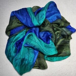 100% Silk Scarf With Stripes Of Blues And Greens
